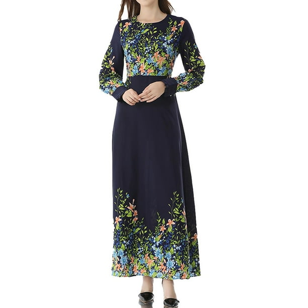 BAOHOKE Muslim Elegant Floral Printed Long Sleeve Pleated Maxi Dresses,Womens High Waist Spring Big Swing Dress BAOHOKE Muslim Elegant Floral Printed Long Sleeve Pleated Maxi Dresses,Womens High Waist Spring Big Swing Dress